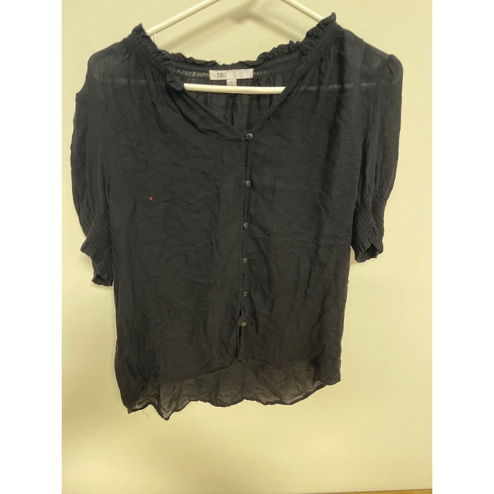 DR2 Black Short Sleeve Ruffle Neck Smocked Cuff Button Down Blouse Medium